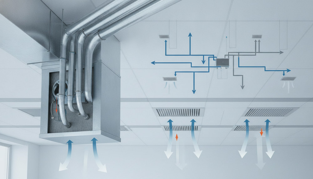 A detailed illustration of a channel air conditioner system, showcasing its components in an educational and technical manner. In the foreground, feature labeled parts such as the air conditioning unit, ducts, and vents to depict air distribution clearly. The middle section should display a simplified layout of the ventilation network, emphasizing airflow direction, with arrows to indicate movement. In the background, create a subtle representation of a ceiling grid in a modern building environment. Use natural lighting to enhance the photorealistic quality of the image, and ensure colors are true to life to reflect typical air conditioning systems. The overall atmosphere should be informative and professional, suitable for an article illustration, without any text or annotations.