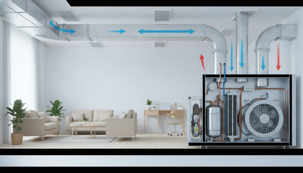 A detailed diagram illustrating the working principle of a ducted air conditioner. In the foreground, show a cross-section of the air conditioning unit with visible components like the compressor, evaporator, and fan, designed with realistic textures. In the middle ground, depict air ducts running horizontally, branching out to different rooms, creating a clear airflow path. The background should feature a simple interior space, such as a living room or office, with vents on the ceiling and walls. Use natural colors for all elements, emphasizing the mechanical details in a photorealistic style. Bright yet soft lighting highlights the components, creating an informative and professional atmosphere. The overall image should look technical and educational, devoid of any text or branding.